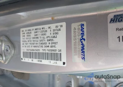 2009 Honda Accord 2.4 Lx-P z USA, uszkodzony, nr VIN 1HGCP26489A154253